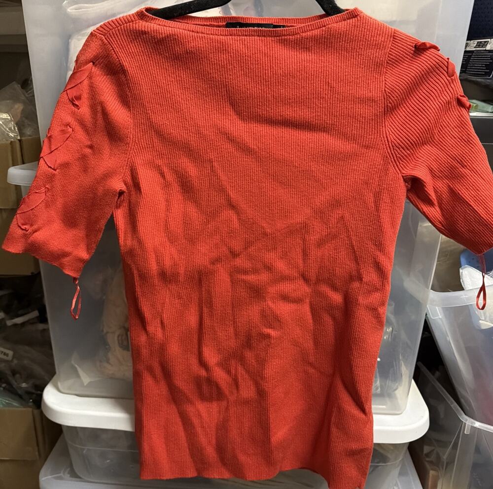 Lauren Ralph Lauren Women's Rib Knit Boat Neck Lace Up Ribbon Sleeve Top M
